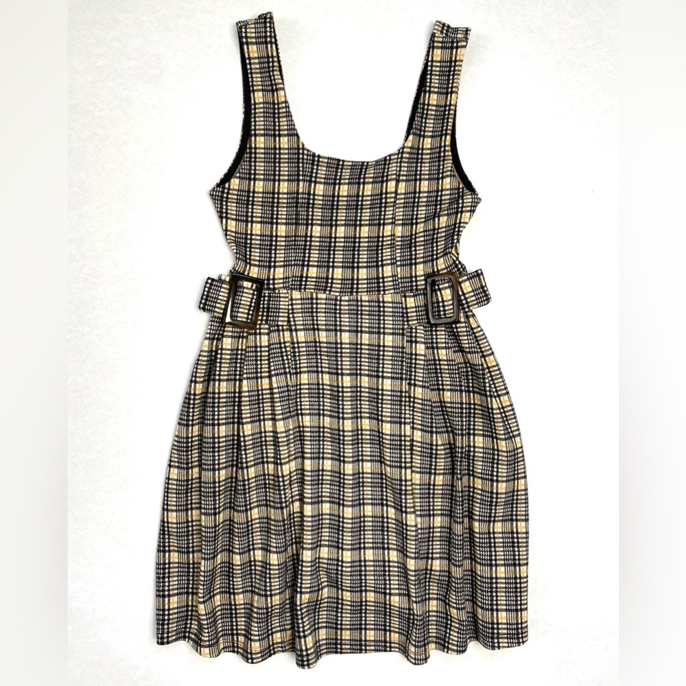 Topshop Women's Black Yellow Plaid Sleeveless Mini Dress Babydoll Buckles Size 0